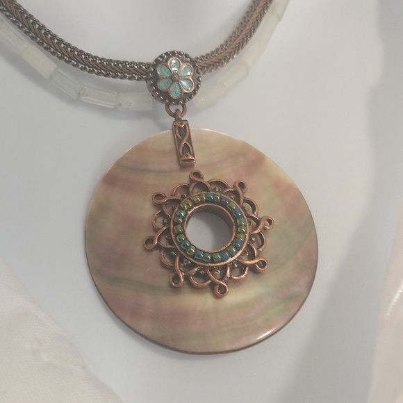 Avon Multi Strand Mother Of Pearl Bronze Pendant Necklace Boho Peasant Western - Picture 2 of 14
